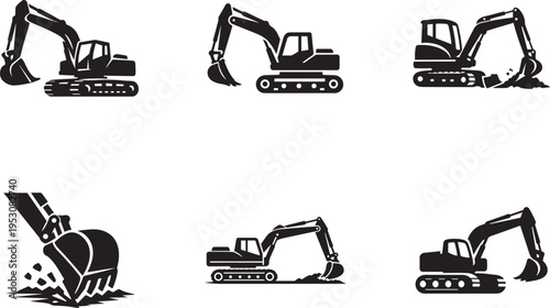 Excavator icon set with construction digger machines for building, mining and engineering design.