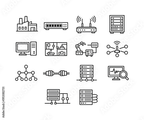 Industrial Network Infrastructure. Line icon set of Industrial Network Infrastructure: industrial building, ethernet switch, wireless router, network cabinet,