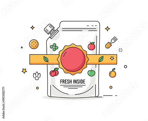 Food packaging label design highlighting a clean pouch with a bold central badge and small ingredient icons arranged neatly around it. A concise ?Fresh Inside?