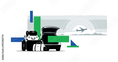 Black and white luggage placed beside car trunk with airplane silhouette in distance, concentric circles marking departure moment, emerald green and cobalt