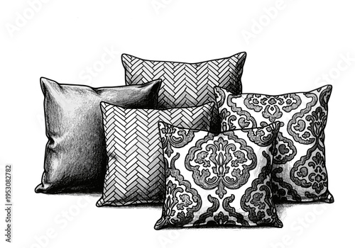 Collection of decorative throw pillows with various patterns and textures on a white background