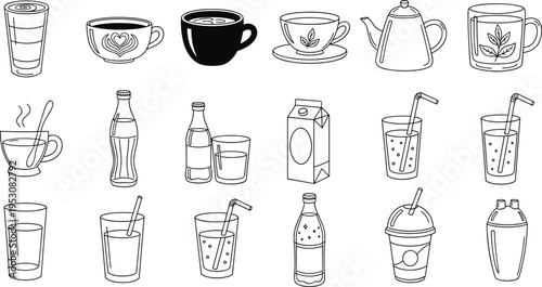 Collection of hand-drawn beverage icons in a clean, minimalist style for diverse uses