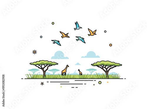 Savanna wildlife depicted by a small scene of birds flying over a grassland with distant giraffes and acacia trees, emphasizing freedom, scale, and natural