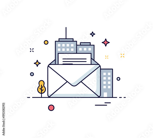 Employee layoff announcement theme illustrated by a minimal email envelope icon with a small corporate building silhouette behind it. The composition conveys