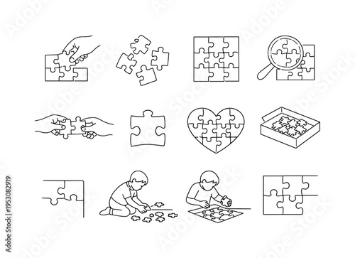 Putting Together a Puzzle. Minimalistic set one-line drawing hand placing puzzle piece, interlocking jigsaw pieces, puzzle piece fitting into gap, scattered