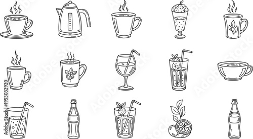 Collection of hand-drawn beverage icons including coffee, tea, juice, and soda bottles