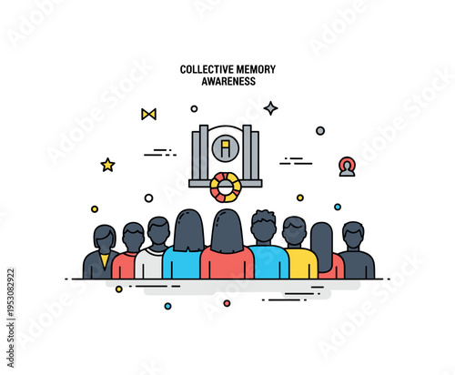 Collective memory awareness concept built around a group of small silhouettes facing a simple memorial symbol, expressing shared remembrance and historical