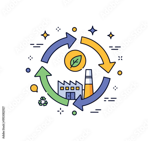 Circular economy technology theme featuring interlocking arrows surrounding a small factory with a leaf emblem, symbolizing resource efficiency and reduced