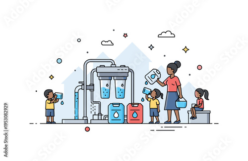 Water filtration system in a small community with children and adults drinking from safe containers, illustrating modern solutions for clean water