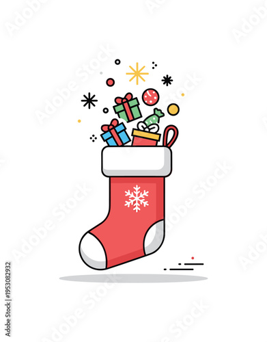 A Christmas stocking overflowing with tiny gifts and treats, small abstract decorative stars emphasizing festive excitement, warmth, and family traditions.