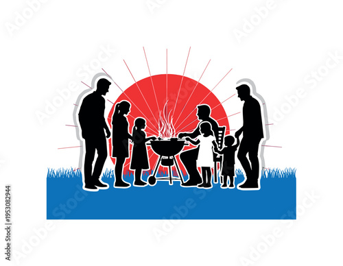Black and white family silhouettes gathered around a garden barbecue grill, bold red circular accent behind the grill symbolizing heat and togetherness, blue