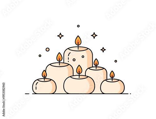 Holiday candle arrangement cluster of rounded candles with soft flame accents and tiny star sparkles above them. A clean editorial scene about calm winter