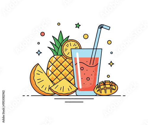 Tropical smoothie blend scene depicted by pineapple and mango slices arranged beside a finished smoothie glass, expressing exotic flavor and summer mood. The