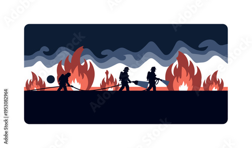 A monochrome landscape silhouette with firefighters spaced along a horizontal burn line, abstract geometric flame forms rendered as flat blocks and circles,