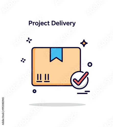Project delivery milestone centered on a package icon with a bold checkmark and small sparkle accents, communicating completion and successful handover. The