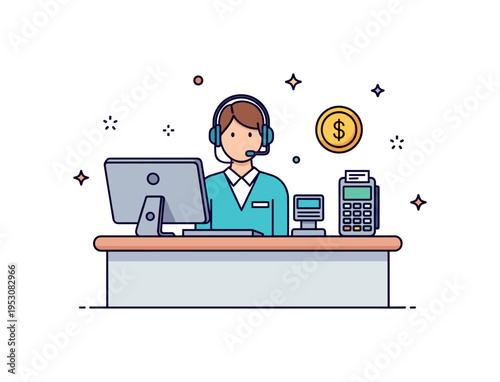 Customer service desk in bank teller standing behind a simple counter with computer monitor and card payment terminal, subtle coin icon indicating