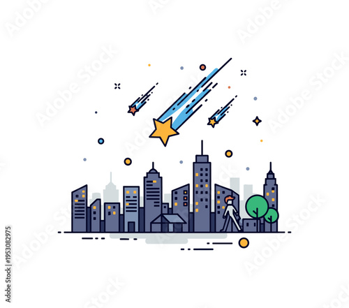 Urban night sky meteor shower showing a simplified city skyline silhouette beneath a bright falling star, blending everyday life with extraordinary cosmic