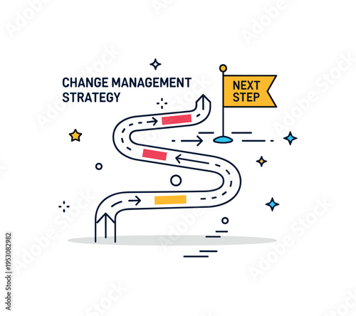 Change management strategy depicted through a roadmap winding toward a small flag labeled Next Step, with subtle directional arrows reinforcing structured
