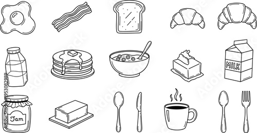 Hand-drawn breakfast icons collection featuring eggs, bacon, pancakes, and coffee