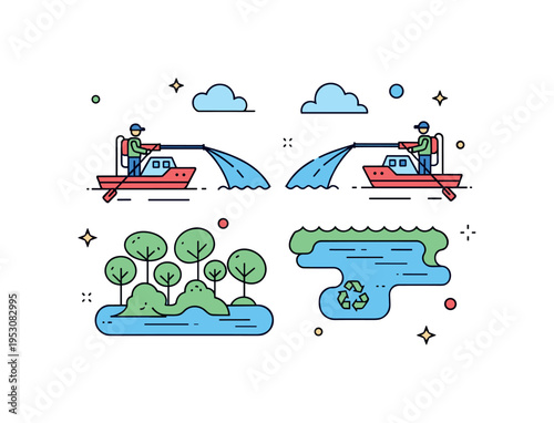 Algal bloom control with small boats spraying eco-friendly treatment on affected water areas, emphasizing proactive environmental intervention. Minimalist flat