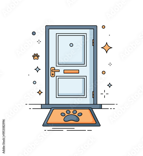 Welcoming home for animals front door with paw print doormat and subtle sparkle accents, symbolizing hospitality for furry friends. A bright editorial concept