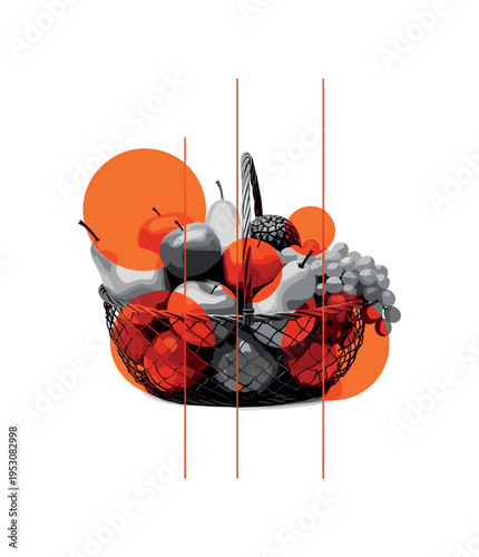 Black and white image of a basket filled with freshly picked fruits, layered with bold orange circular accents and thin vertical lines indicating freshness and