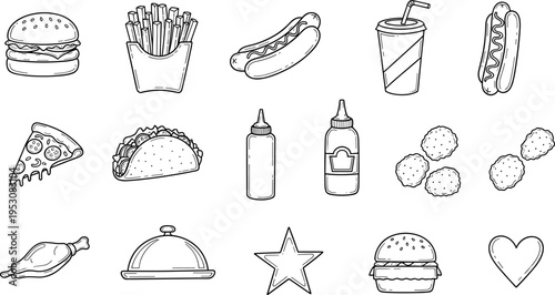 Collection of hand-drawn fast food icons and symbols on a white background