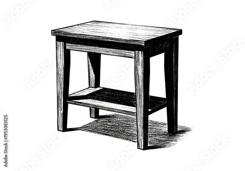 Hand-drawn illustration of a simple wooden stool with a lower shelf and cast shadow