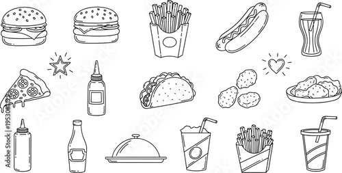 Collection of hand-drawn fast food icons and illustrations for graphic design