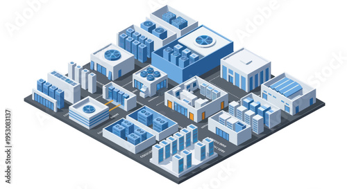 Isometric Data Center Grid with Server Racks and Cooling Units.