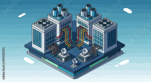 Isometric Data Center Servers and Cooling Systems.