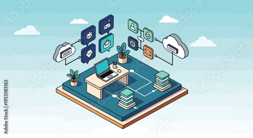 Isometric Digital Workspace with Cloud Connectivity and Data Flow.