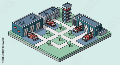 Isometric Fire Station with Fire Trucks and Buildings.