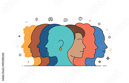 Social diversity concept multiple profile silhouettes in different colors arranged side by side. A refined editorial illustration about representation,