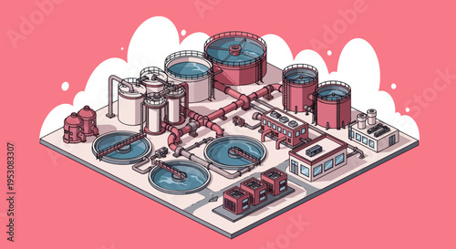 Isometric illustration of a detailed water treatment plant with various tanks and machinery.