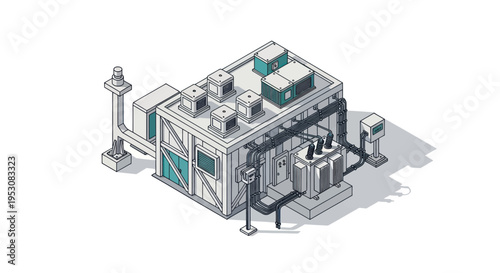 Isometric illustration of a modern electrical substation building with transformer.