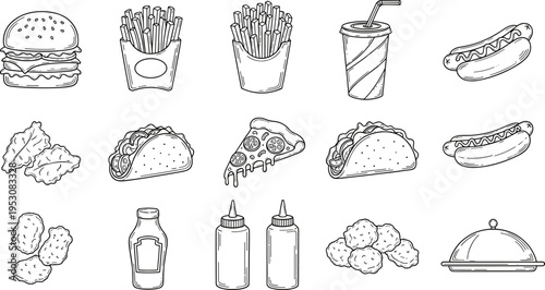 Collection of hand-drawn fast food icons including burgers, fries, tacos, pizza, and drinks