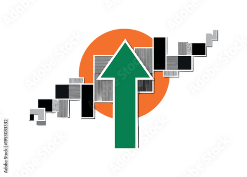 Black and white upward arrow intersected by structured rectangular shapes representing stocks and bonds, bold circular halo behind symbolizing long-term