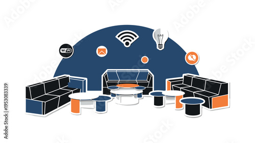 A monochrome communal lounge area simplified into geometric sofa blocks and circular tables, abstract floating icons representing Wi-Fi and ideas, large flat