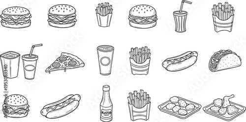 Collection of hand-drawn fast food icons and illustrations in black and white outline style