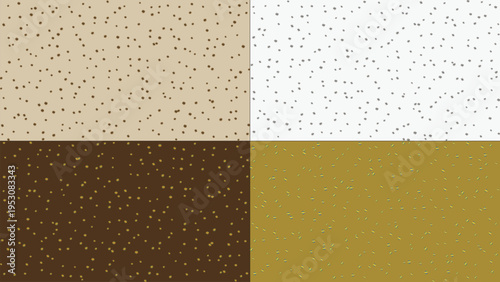 Set of 4 seamless vector patterns featuring small, irregular, dark brown speckles on various solid backgrounds: beige, white, dark brown, and golden brown. Ideal for digital paper, fabric