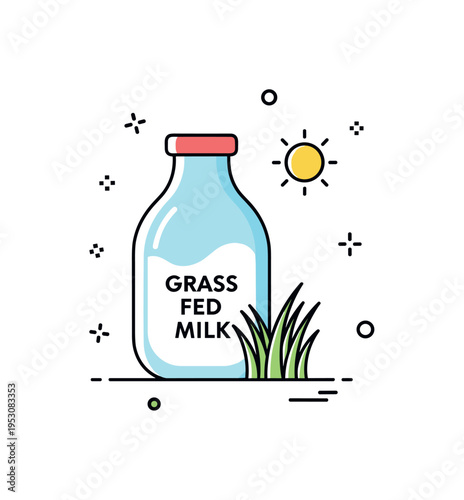 Grass fed milk badge featuring a rounded milk bottle combined with a simple grass icon and soft sun accent, symbolizing natural feed and outdoor grazing. The