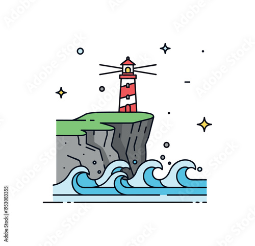 Clifftop lighthouse by the sea illustrated with a small beacon tower perched on rugged rock above stylized waves, suggesting guidance and resilience. The