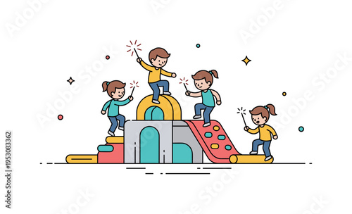 Indoor play center exploration kids navigating a small climbing structure with soft shapes and safety mats, tiny spark accents emphasizing curiosity and