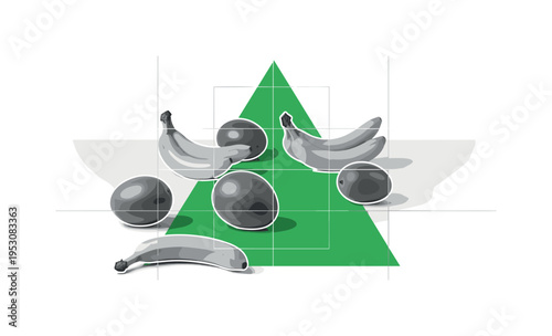 Black and white bananas and mangoes scattered casually across table, oversized green triangle beneath forming fresh natural base, thin grid lines referencing