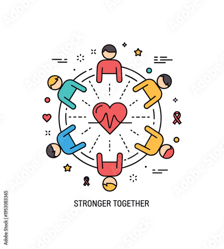 Community solidarity in challenging periods illustrated by several small figures forming a circle around a central heart symbol. Soft connection lines and a