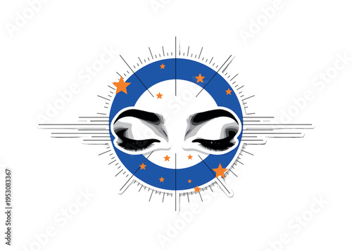Conceptual bedtime theme with black-and-white closed eyes enlarged centrally, cobalt blue halo circle and small orange star icons floating around, thin black