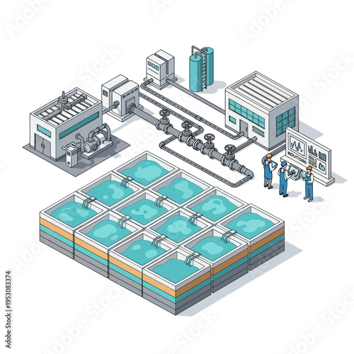 Isometric illustration of a water treatment plant with multiple tanks and industrial buildings.