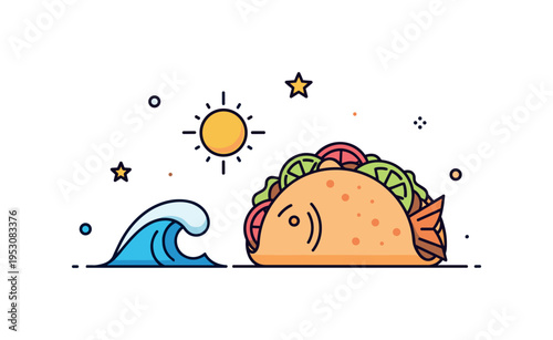 Coastal Mexican cuisine theme showcasing a fish taco paired with a small wave icon and sun accent, evoking beachside dining and relaxed atmosphere. The compact