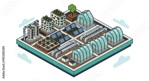 Isometric illustration of a modern sustainable urban farm with various agricultural technologies.